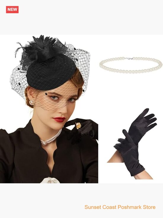 Vintage Pillbox Fascinator Hat with Gloves & Necklace for Derby Wedding Tea